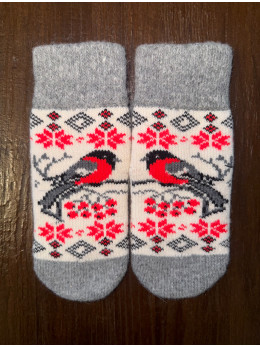 Жіночі рукавички потовщені з снігурем та орнаментом на білому пальчики сірі