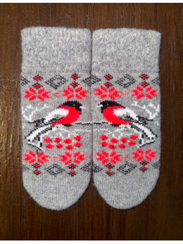 Жіночі рукавички потовщені з снігурем та орнаментом на сірому