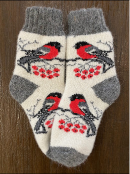 Ангорові дитячі носки р.4 снігур з сірим крилом на білому