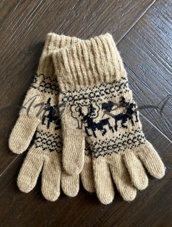 Ангорові жіночі перчатки з оленем чорним на бежевому