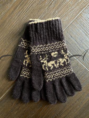 Ангорові жіночі перчатки з оленем бежевим на коричневому