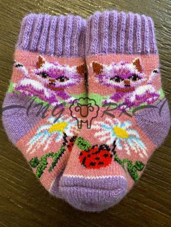 Ангорові дитячі носки р.1 котик з ромашкою та сонечком фіолетова