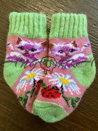 Ангорові дитячі носки р.2 котик з ромашкою та сонечком зелений