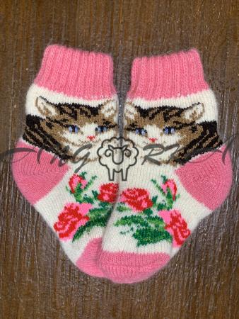 Ангорові дитячі носки р.2 котик із розочкою рожева